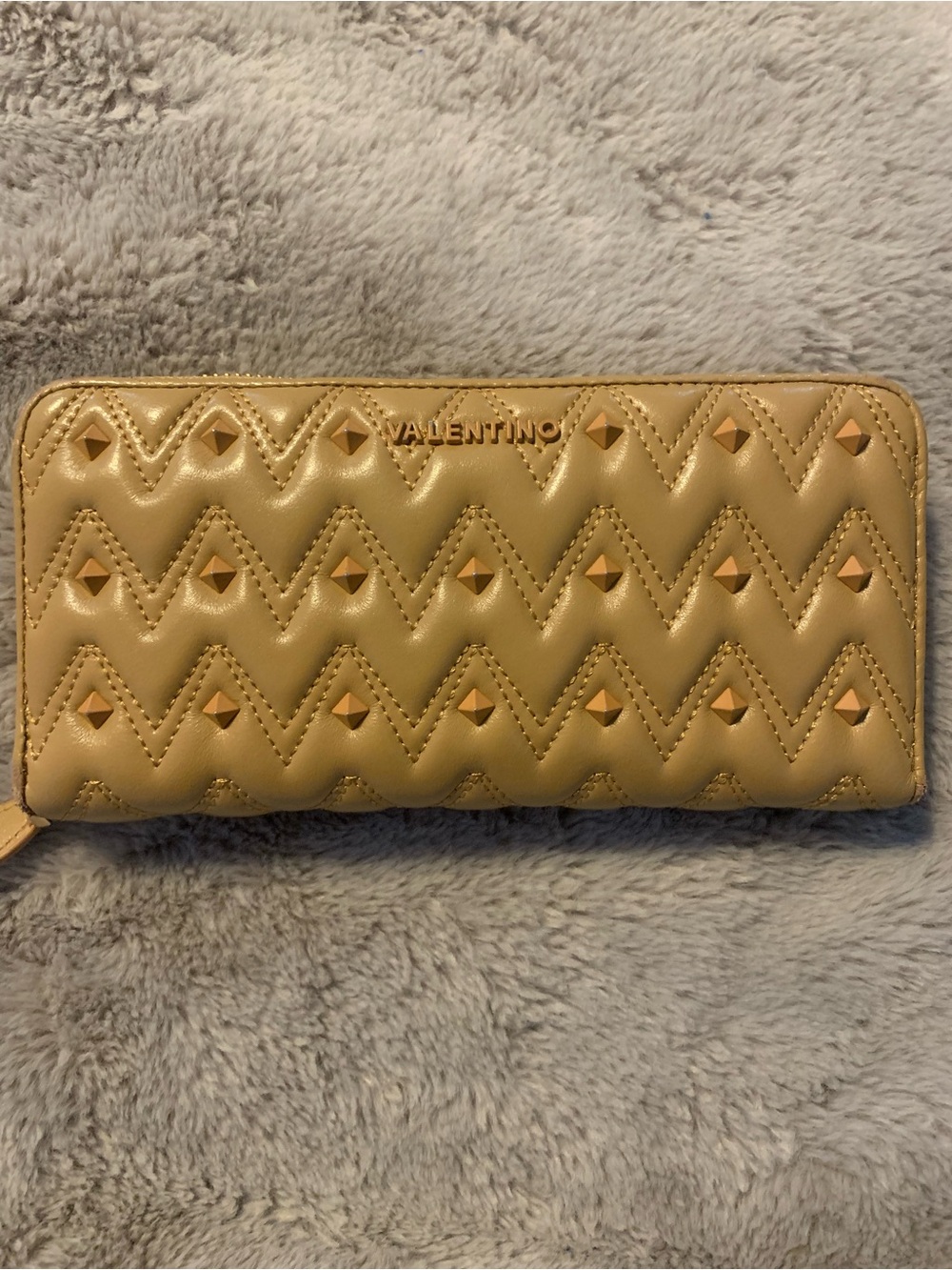 Valentino Chevron Quilted Zip-Around Wallet in Tan